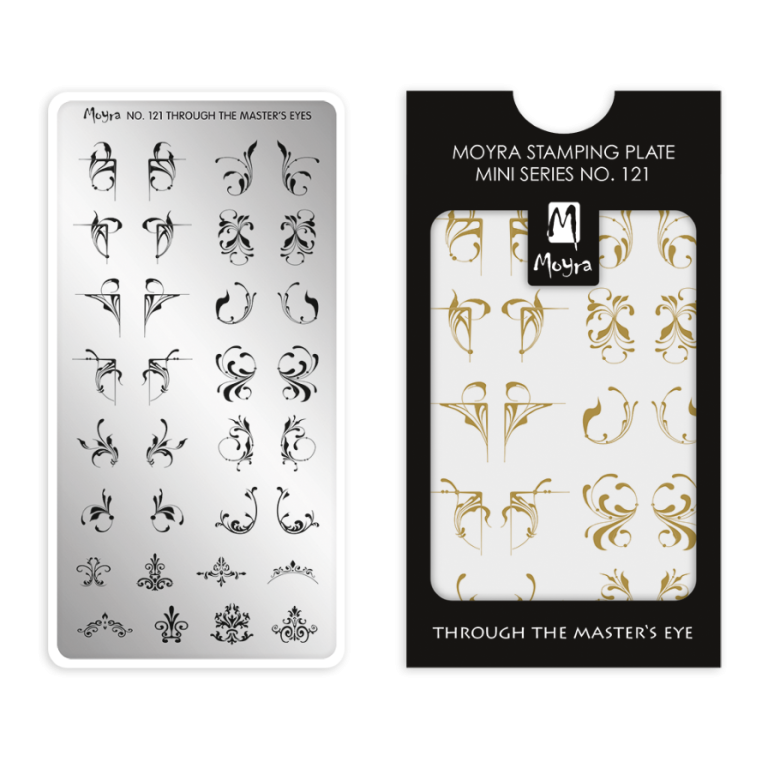 Moyra NailArt Stempelplatte MINI - Through the Master's eyes Nr. 121 - Die kompakte Stempelplatte mit hervorragenden Eigenschaften speziell für die zierliche Hand und für smarte Nägel.