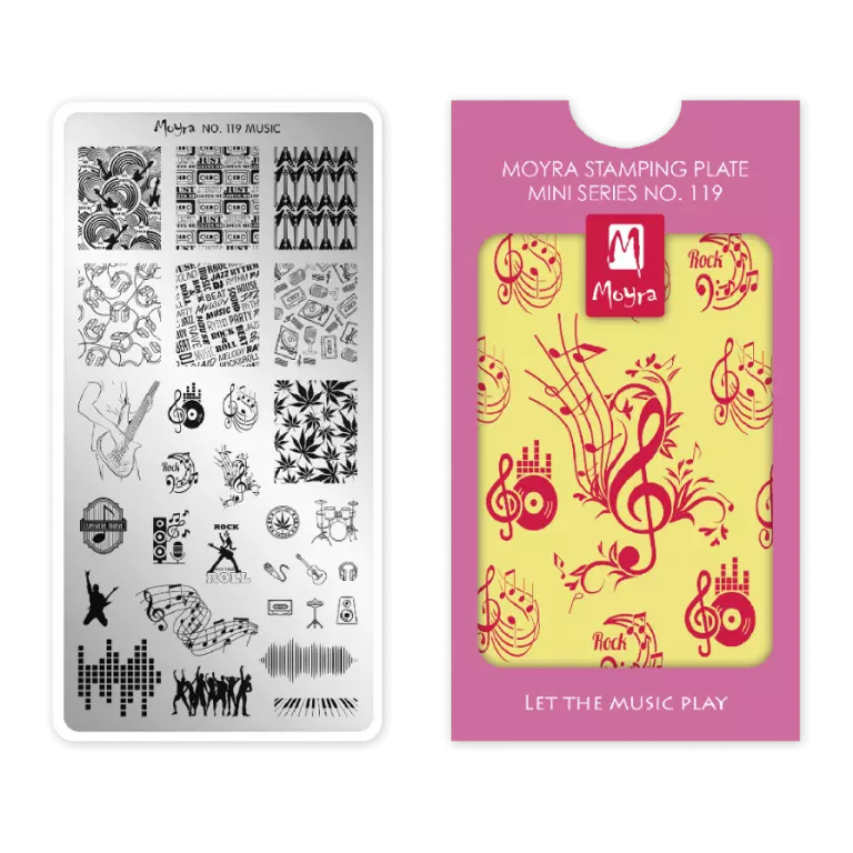 Moyra NailArt Stempelplatte MINI - Let The Music Play Nr. 119 - Die kompakte Stempelplatte mit hervorragenden Eigenschaften speziell für die zierliche Hand und für smarte Nägel. Moyra NailArt Stempelplatte MINI - Let The Music Play Nr. 119 - Die kompakte Stempelplatte mit hervorragenden Eigenschaften speziell für die zierliche Hand und für smarte Nägel.